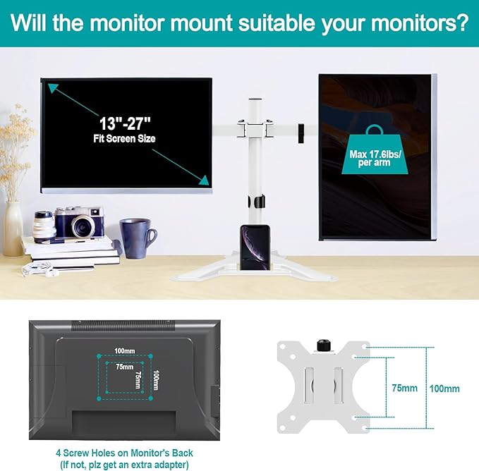 MOUNT PRO Dual Monitor Stand, Free-Standing Full Motion Monitor Desk Mount Fits 2 Screens up to 27 inches,17.6lbs with Height Adjustable, Swivel, Tilt, Rotation, VESA 75x75 100x100,White-DeskLoop Office