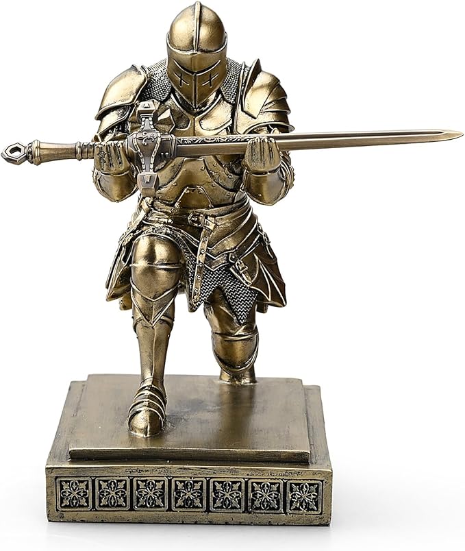 Medieval Armored Warrior Knight Pen Holder Desk Organizers and Accessories Resin Pencil Holder Paperweight as Gift with a Cool Letter Opener for Desk (Bronze)-DeskLoop Office
