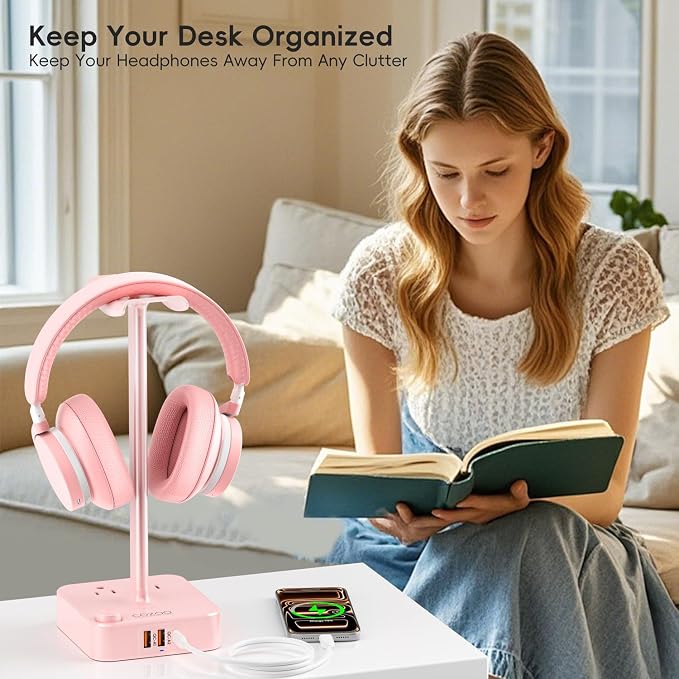 Pink Headphone Stand with USB Charger, Gaming Headset Holder with 3 USB Ports & - Image 2