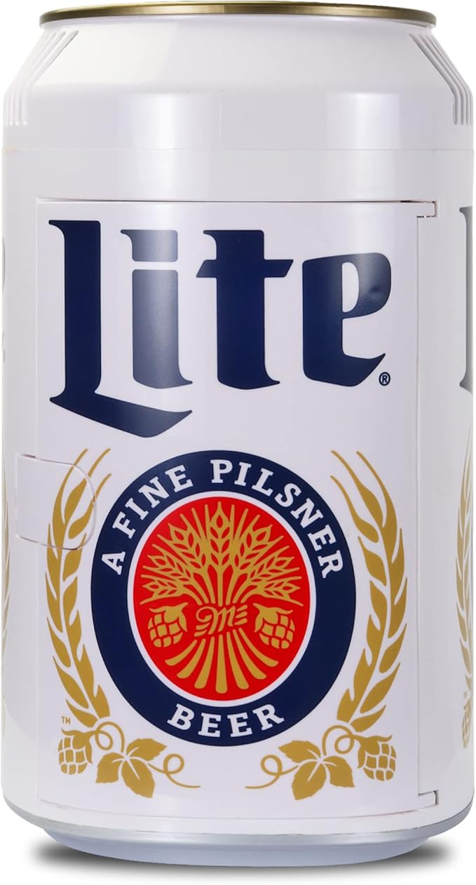 Miller Lite Mini Fridge - Refrigerator for Bedroom Office, Portable Table Top Beverage Cooler, 12V 110V Refrigerador For Drinks, Soda, Wines, Use In Car, Outdoor, Patio, 8 Can-DeskLoop Office