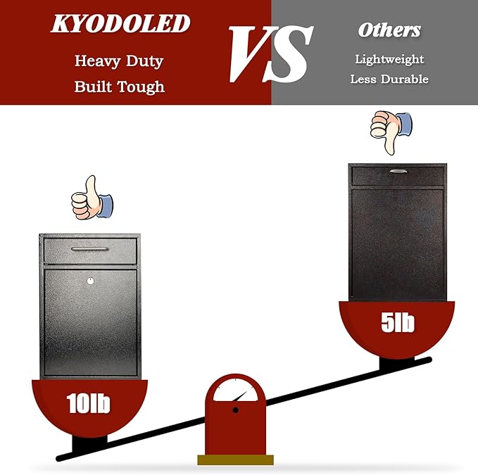KYODOLED Steel Key Lock Mail Boxes Outdoor, Locking Wall Mount Mailbox, Security Lock Drop Box, Collection Boxes,16.2H x 11.22L x 4.72W Inches, Black X Large-DeskLoop Office