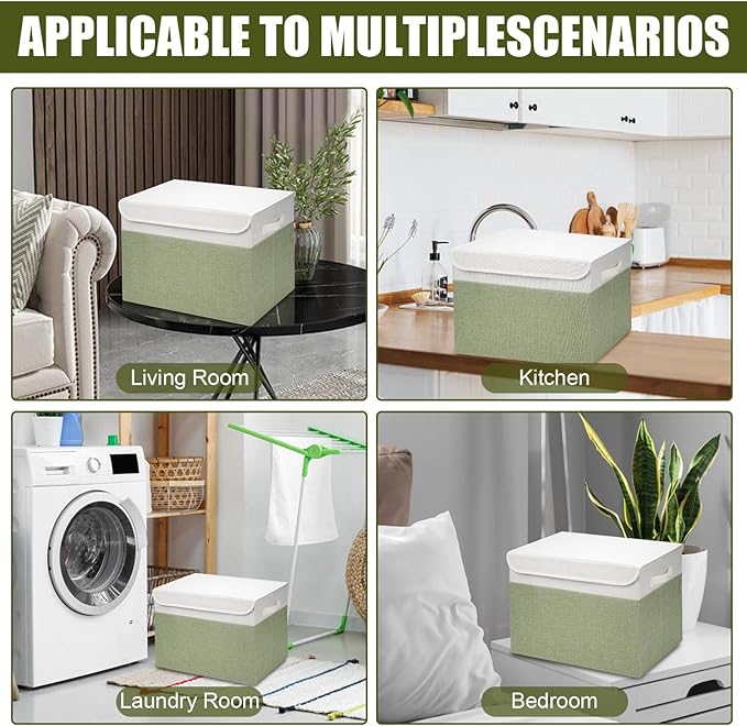 Large 17" 42 Quarts Collapsible Stackable Storage Bins with Lids [3-Pack] Foldable Fabric Linen Storage Boxes Cube, Closet Organizer Baskets with Label for Home (16.7 x 12 x 12", Green & White)-DeskLoop Office
