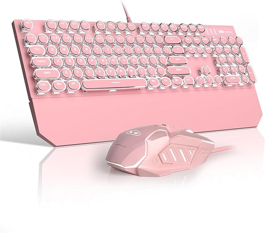 Retro Pink Typewriter-Style Keyboard and Mouse Combo, Cute Light Up Wired Mechanical Keyboard with Linear Red Switches, Full Size for Gaming, Work, Mac, PC, Windows-DeskLoop Office