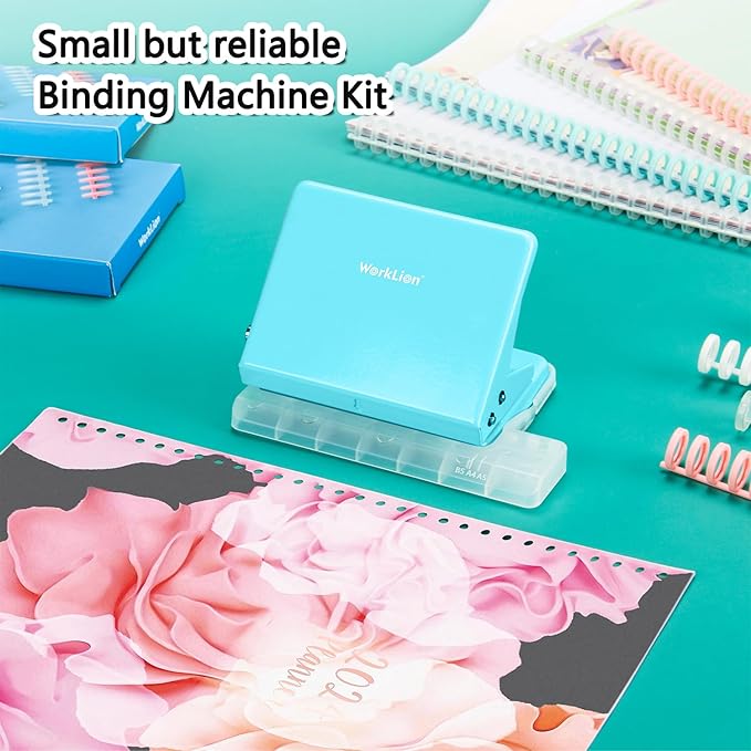 Worklion Binding Machine for Planner: Small Bookbinding Machine with Multicolor Loose Leaf Binder Rings for Making 26 Holes/B5 Paper, 30 Holes/A4, 20 Holes/A5 Book, 29 Holes/Letter Size, Blue-DeskLoop Office