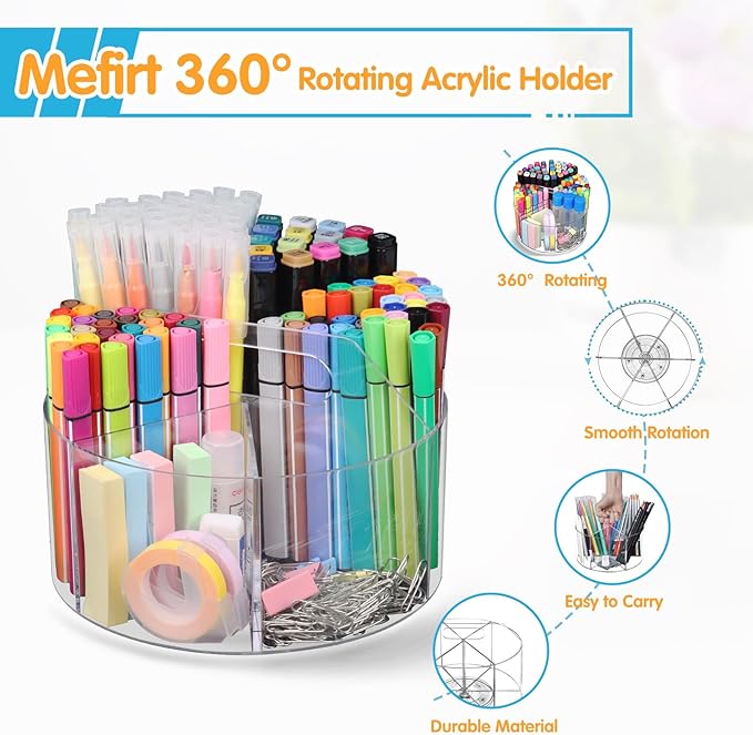 Acrylic Pen Holder, 360 Degree Rotating Pen Organizer, Rotating Desk Acrylic Office Organizer with 6 Compartments, Marker Organizer for Kid, Crayon Caddy School Art Supply Storage Organizer-DeskLoop Office
