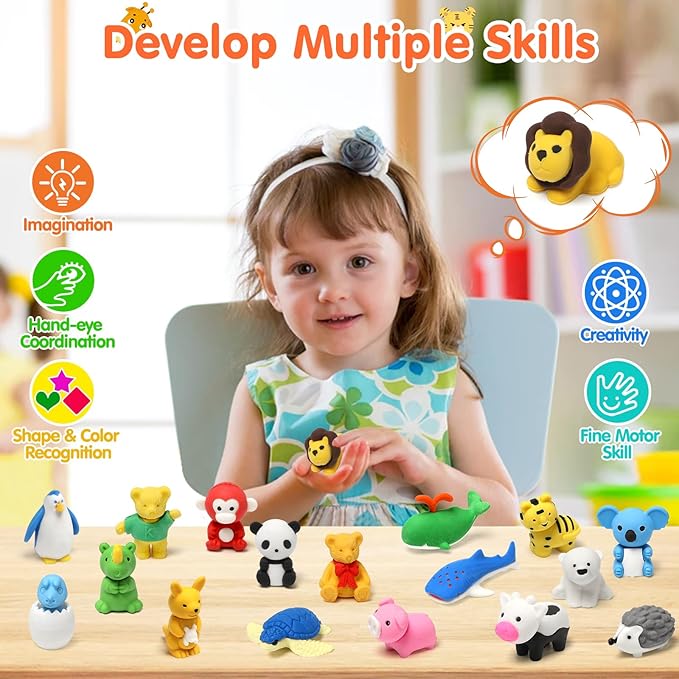 34 Pack Animal Pencil Erasers for Kids, 3D Mini Puzzle Take Apart Erasers, Desk Pets & Treasure Box Toys, Bulk Party Favors, Classroom Prizes, School Supplies, Gift for Boys & Girls-DeskLoop Office