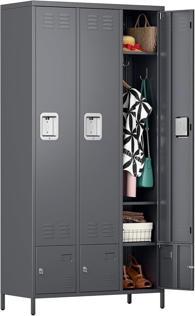 Metal Storage Locker with 3 Big Doors & 3 Small Doors, Lockers for Employees with Hooks for School Garage Office Gym Bedroom,Assembly Required,Dark Grey-DeskLoop Office