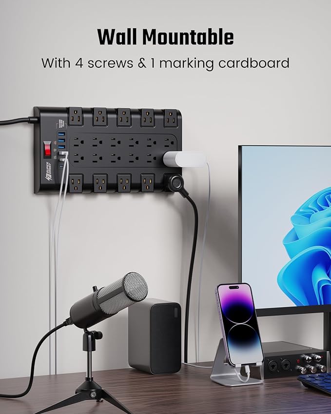 10Ft Power Strip Surge Protector, SUPERDANNY Charging Station 22 Outlets with 45W Type-C Fast Charging USB Ports, 4 USB-A, 2 USB-C, 2100J, 15A/1875W, Flat Plug Extension Cord for Home Office Black-DeskLoop Office