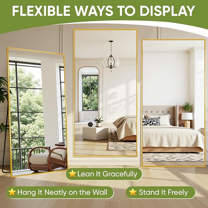 Full-Length Floor Mirror with Stand, 76"x34" Rectangle Style Full Body Standing Mirror for Bedroom, Living Room, Gym, Dorm - Shatter-Resistant & Easy Assembly, Gold-DeskLoop Office