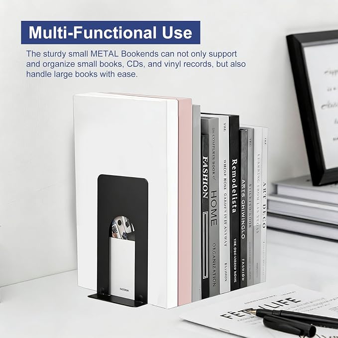 Book Ends for Shelves, 4 Pack Metal Bookends, Compact Book Stopper for Small - Image 3