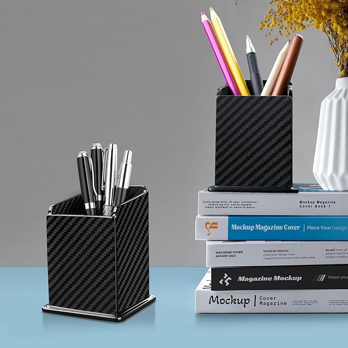 Carbon Fiber Black Pen Holder Cup for Desk, Black Pencil Cup Holder for Desk Office Pen Organizer,Modern Minimalist Pen Holder,Matte Black-DeskLoop Office