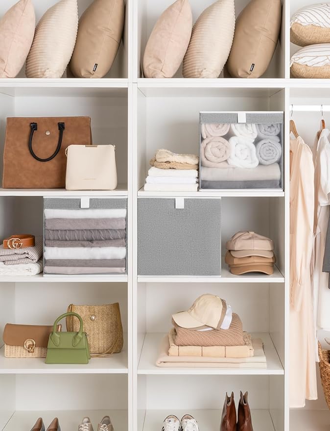 StorageWorks 13x13 Storage Cubes, Closet Storage Bins with Clear Window, Large Fabric Organizer for Clothes, Collapsible Storage Baskets with Handles, Gray, 3-Pack-DeskLoop Office