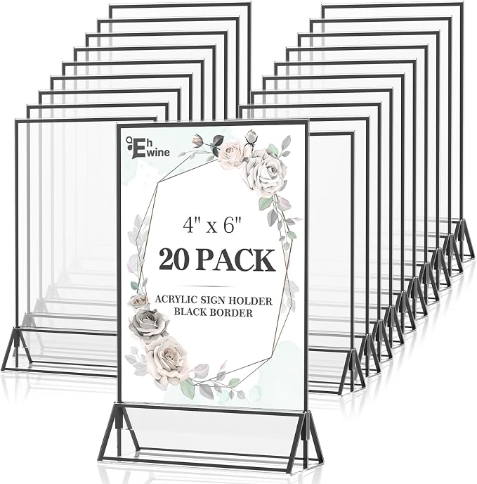 EHWINE 20 Pack Acrylic Sign Holder 4 x 6, Double Sided Black Picture Frame by EHWINE