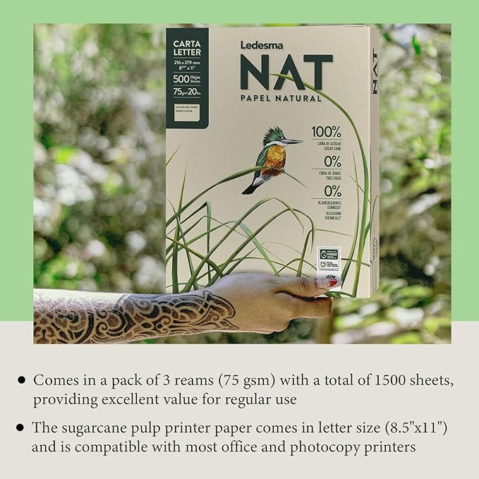 Letter Size (8.5"x11") Natural Sugarcane Pulp Printer Paper, For All Office And Photocopy Printers, Designs, Crafts (3 Reams (1500 Sheets))-DeskLoop Office