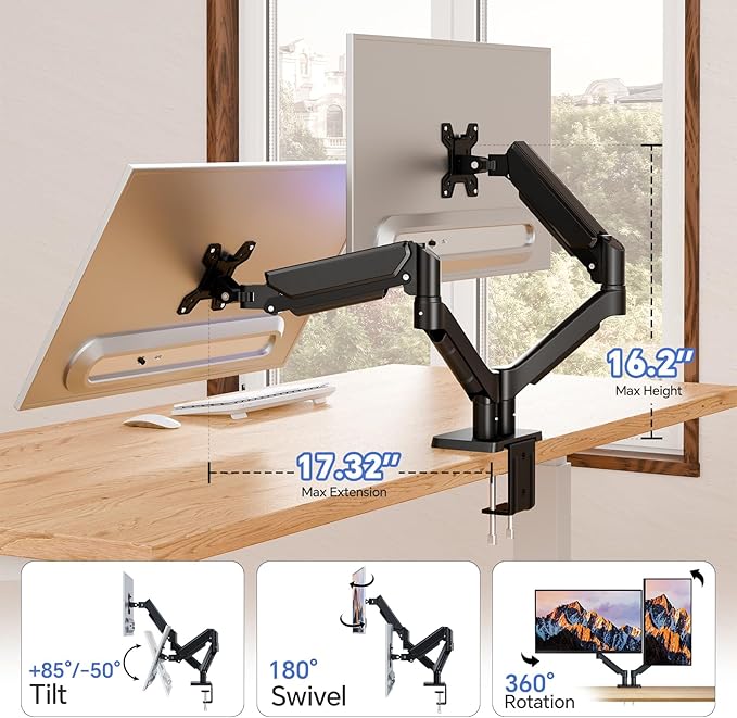 Dual Monitor Mount for Desk, Adjustable Monitor Desk Mount Swivel Vesa Bracket with C Clamp, Computer Monitor Arm Up to 32 Inches, Black-DeskLoop Office