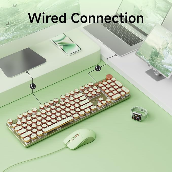 EWEADN Wired Typewriterkeyboard and Mouse Combo, Typewriter Style Mechanical Gaming Keyboard,104 Keys Backlit LED Keyboards, Media Control Knob, Wired Keyboard Pink Switch for Windows/Mac/PC-Green-DeskLoop Office