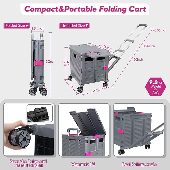 FELICON SELORSS Folding Utility Cart Portable Rolling Crate Handcart-Gray | - Image 6