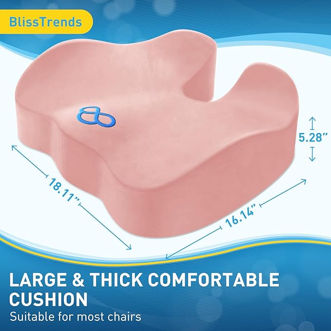 BlissTrends Seat Cushion,5.2in Thick Memory Foam Cushions for Office Chair, Car Seat, Airplane, Relieving Pressure Tailbone Sciatica Back Pain for Long Sitting Office Workers, Car Drivers Pink-DeskLoop Office