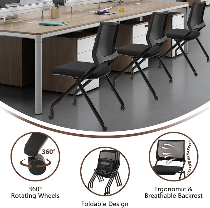 CLATINA Stackable & Foldable Conference Room Chairs, Waiting Room Chairs with Wheels & Lumbar Support, Ergonomic Mesh Bouncing Back Folding Chair for Office Meeting Schools Training Room, Black(8pk)-DeskLoop Office