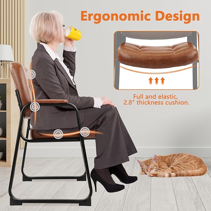 CLATINA Big & Tall 500 lbs Waiting Room Chairs with Padded Armrests and Sled Base, Leather Stationary No Wheels Office Guest Chair for Reception Lobby Home and Meeting Conference, Brown (8 Pack)-DeskLoop Office