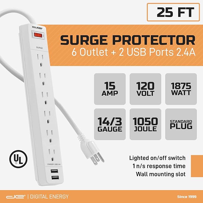 Digital Energy 6-Outlet + 2 USB 1050 Joule Surge Protector Power Strip with 25-Ft Long Extension Cord, White, UL Listed-DeskLoop Office