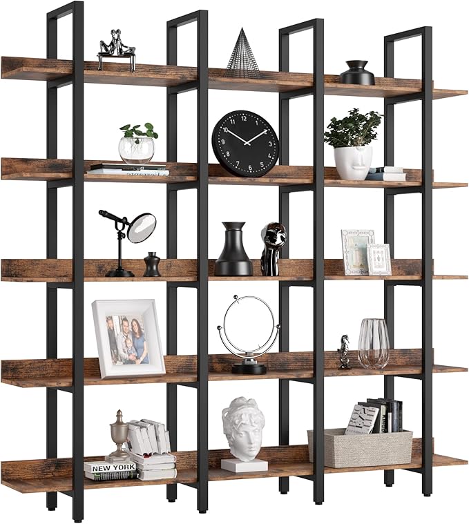 IRONCK Bookcase and Bookshelves Triple Wide 5 Tiers Large Open Shelves, Etagere Bookcases with Back Fence for Home Office Decor, Easy Assembly, Vintage Brown-DeskLoop Office