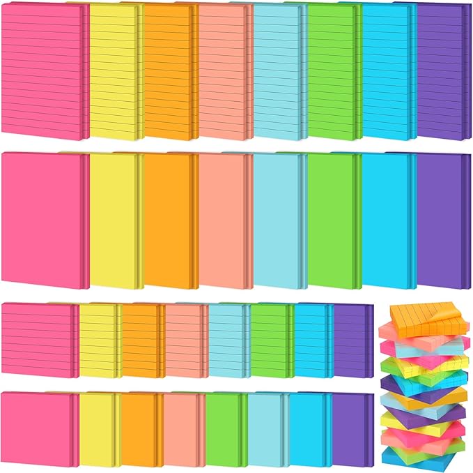 Yexiya 64 Pcs Lined Sticky Notes Self Stick Notes with Lines Bright Assorted Colors Sticky Pad for Home Office Products Post Memos, 1920 Sheets(4 x 6 Inch, 3 x 3 Inch,Multi Color)-DeskLoop Office