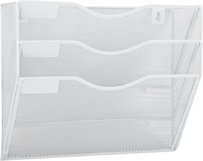 EASEPRES 3 Pocket Mesh Hanging Wall File Organizer, Wall Mounted Mail Paper Document Folder Holder, Clipboard Storage Organization Magazine Rack with Nametag Label for Office Home School, White-DeskLoop Office