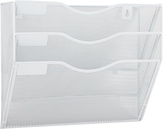 EASEPRES 3 Pocket Mesh Hanging Wall File Organizer, Wall Mounted Mail Paper Document Folder Holder, Clipboard Storage Organization Magazine Rack with Nametag Label for Office Home School, White-DeskLoop Office