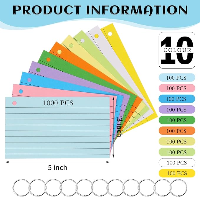 1000 PCS Index Cards 3x5 Inches Colored Flash Cards - Image 2