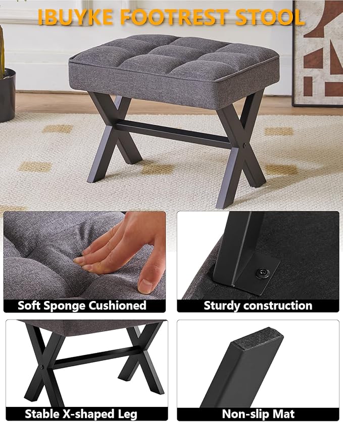 IBUYKE Small 12" H Footrest, Square Linen Foot Stool with Metal X-Leg, Multi-Use as Small Side Table, Step Stool for Living Room, Bedroom, Entryway, Office, Dark Gray WBD011G-DeskLoop Office