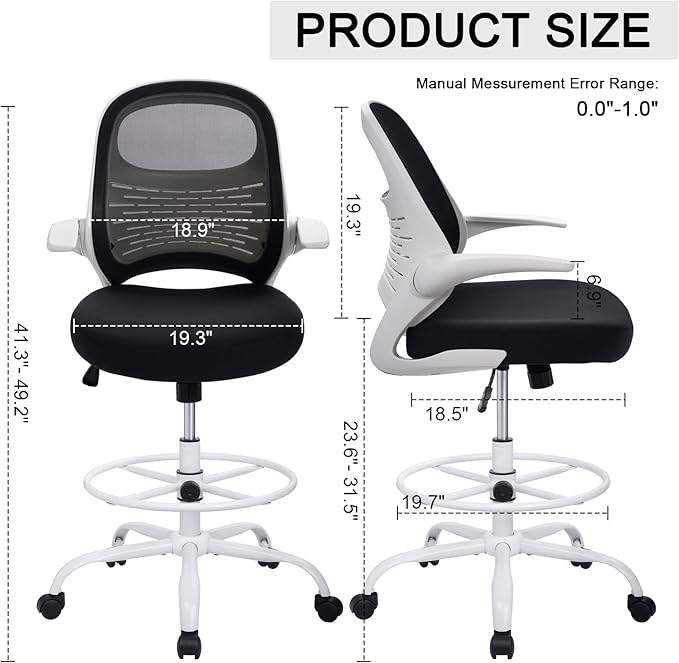 HYLONE Tall Drafting Chair Standing Desk Chair with Flip-Up Armrests, Adjustable Height Ergonomic Office Chair with Footrest Ring - High Stool Chair for Standing Desk (Black Mesh&White Base)-DeskLoop Office