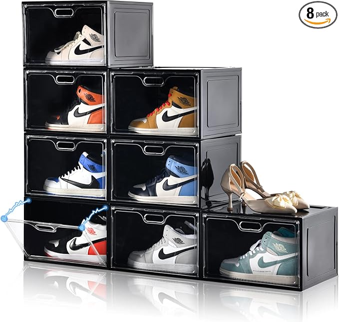 Amllas 8 Pack Shoe Boxes Black Plastic Stackable, Large Shoe Storage Organizer by Amllas