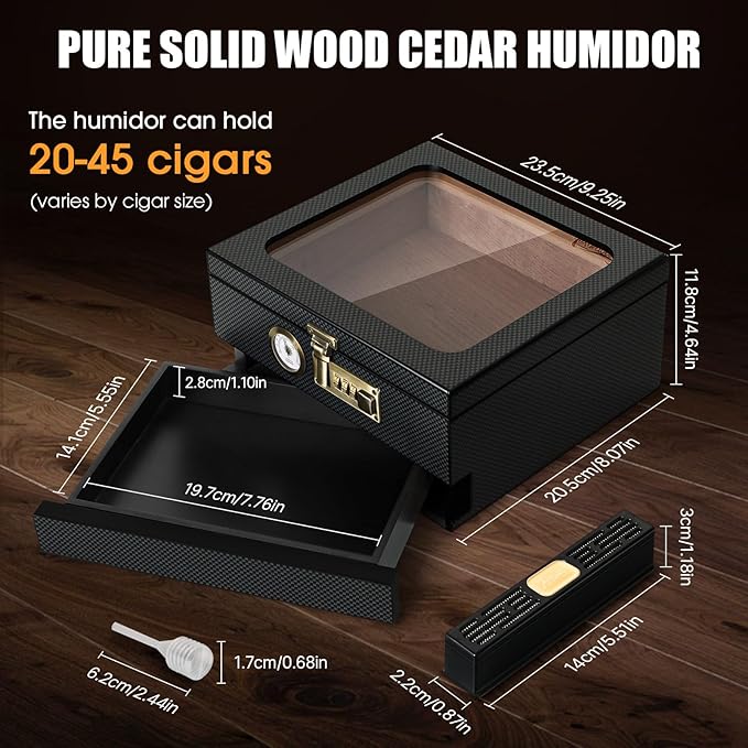 Tesonway Cigar Humidor, Cedar Wood Humidor Cigar Box, Glass Top Desktop Humidor - Image 4