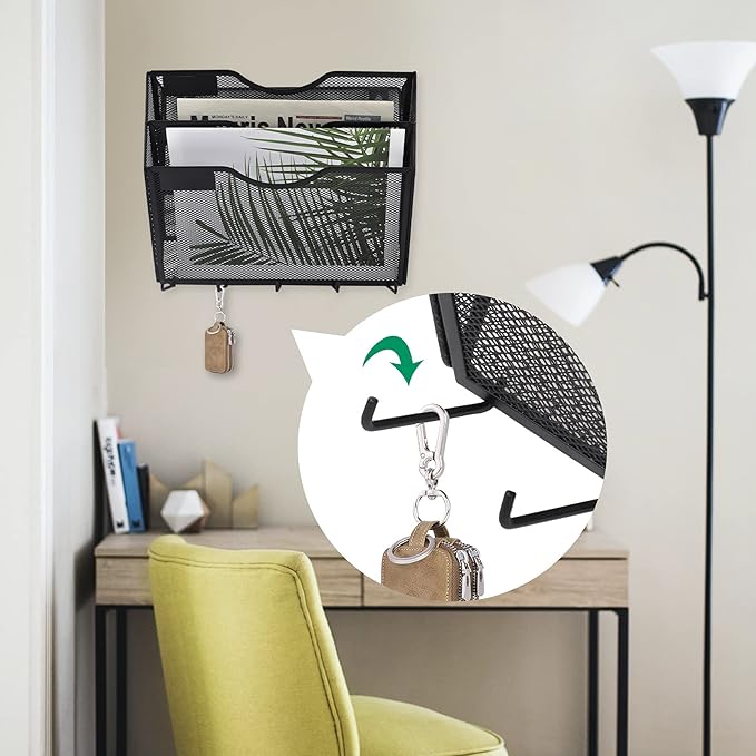 EASEPRES 3 Pocket Mesh Hanging File Organizer with Key Holder Hooks & Nametag Label, Wall Mounted Mail Paper Document Folder Clipboard Storage Organization Magazine Rack for Office Cubicle, Black-DeskLoop Office