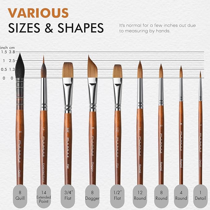 Watercolor Brushes Professional, Fuumuui 9pcs Sable Paint Brushes & Natural Squirrel Mop Brush Set with Extended Needle, Round Point, Flat, Dagger, Quill Wash for Watercolor Gouache Inks-DeskLoop Office