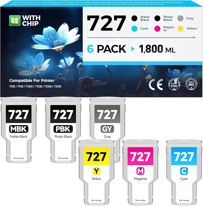 727 Ink Cartridges set 6-Pack 300-ml High Yield Replacement for HP 727 Ink F9J79A C1Q12A F9J76A F9J77A F9J78A F9J80A Compatible with HP DesignJet T930 T920 T1500 T2500 T1530 T2530 Printer Color Inkjet-DeskLoop Office