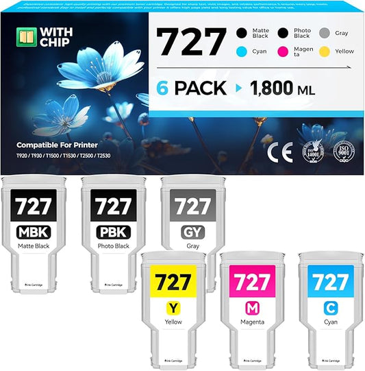 727 Ink Cartridges set 6-Pack 300-ml High Yield Replacement for HP 727 Ink F9J79A C1Q12A F9J76A F9J77A F9J78A F9J80A Compatible with HP DesignJet T930 T920 T1500 T2500 T1530 T2530 Printer Color Inkjet-DeskLoop Office