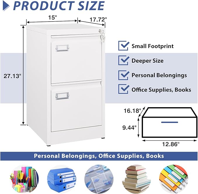 2 Drawer File Cabinet, Filing Cabinets for Home Office, Metal Vertical File Storage Cabinet with Lock, Locking File Cabinet for A4 Legal/Letter, 15" W x 17.7" D x 27.1" H, Assembly Required-DeskLoop Office