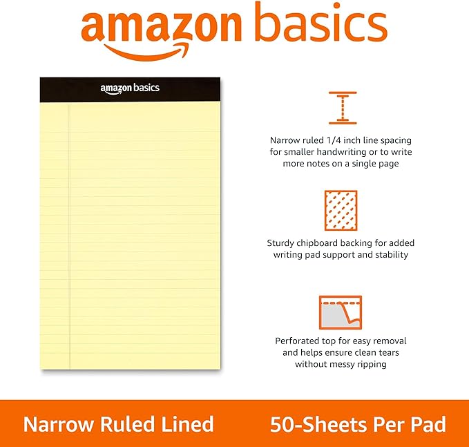 Amazon Basics 50 sheet Narrow Ruled Lined Writing Note Pad, 5 inch x 8 inch, 12 Pack, Canary-DeskLoop Office