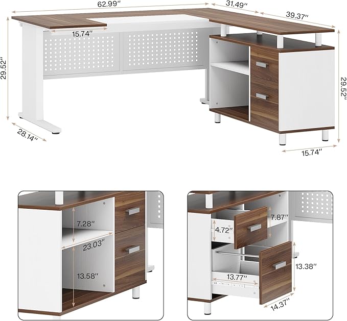 Tribesigns 63 Inch Executive Desk with File Cabinet, L Shaped Office Desk with Drawers and Storage Shelves, Business Furniture Set Workstation for Home Office, White and Walnut-DeskLoop Office