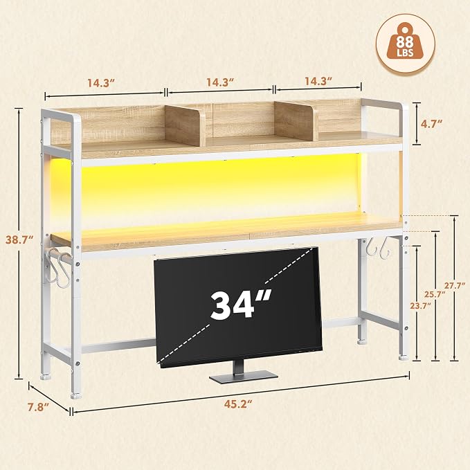 REIBII 45.2" Desk Shelf with LED Lights and Hooks, 2-Tier Adjustable - Image 2