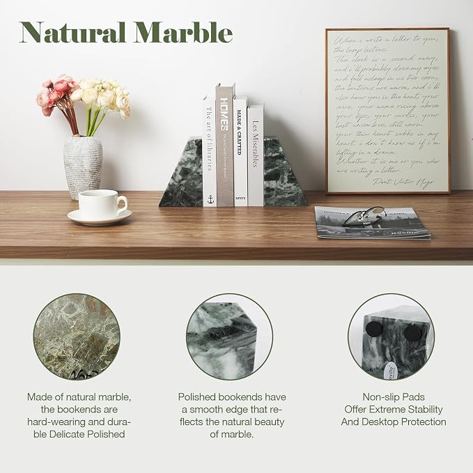 Karibiber Marble Bookends for Heavy Books, Decorative Bookends for Shelves - Image 2