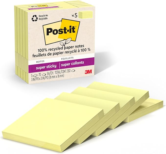 Post-it 100% Recycled Paper Super Sticky Notes, Canary Yellow, 3 in. x 3 in. by Unknown