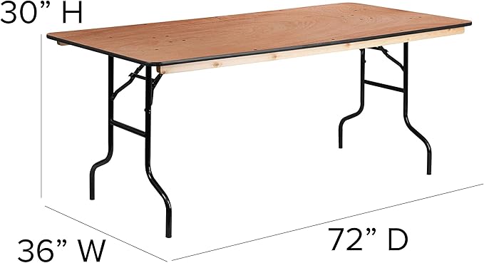 Flash Furniture Fielder 6' Rectangular All-Occasion Wood Folding Event Table, Foldable Portable Banquet Table with Wooden Top, Natural/Black-DeskLoop Office