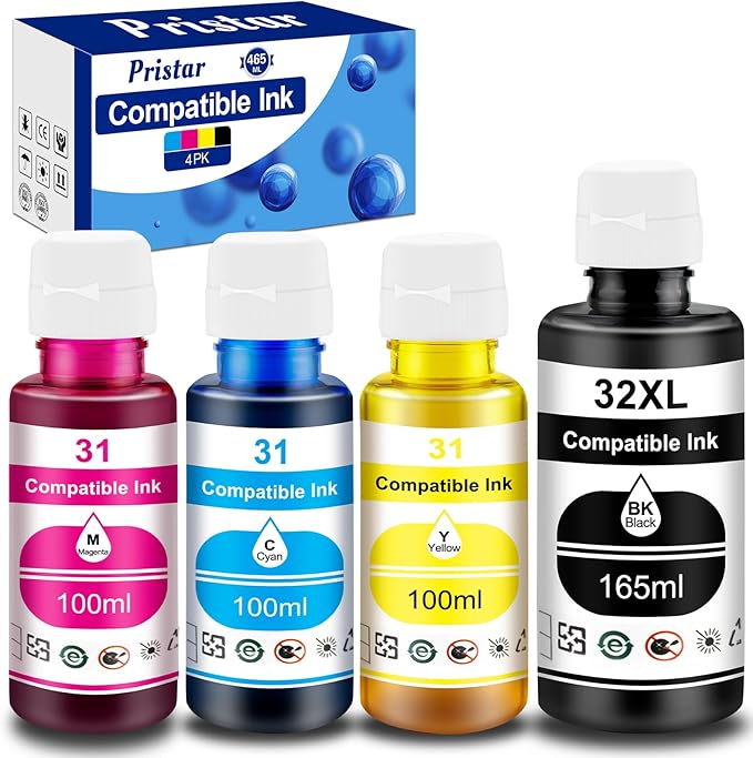 Pristar Compatible with HP 31 32XL Ink Bottle Set Compatible with HP Smart Tank 7301 7001 7602 5000 6001 5101 5102 5103 Plus 651 551 455 457 450 All-in-One Printer (165 ML 32XL Black Ink 100 ML 31 CMY-DeskLoop Office