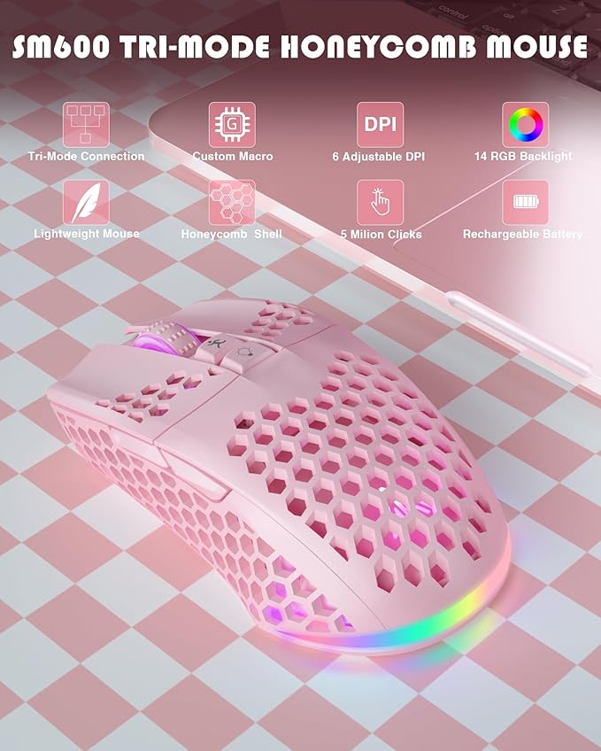 SM600 Pink Wireless Gaming Mouse with Honeycomb Shell, Side Buttons,Tri-Modes(BT5.1+BT5.1+2.4GHz) Lightweight RGB Wireless Mouse for PC/Tablet/Desktop/Office/Games-DeskLoop Office