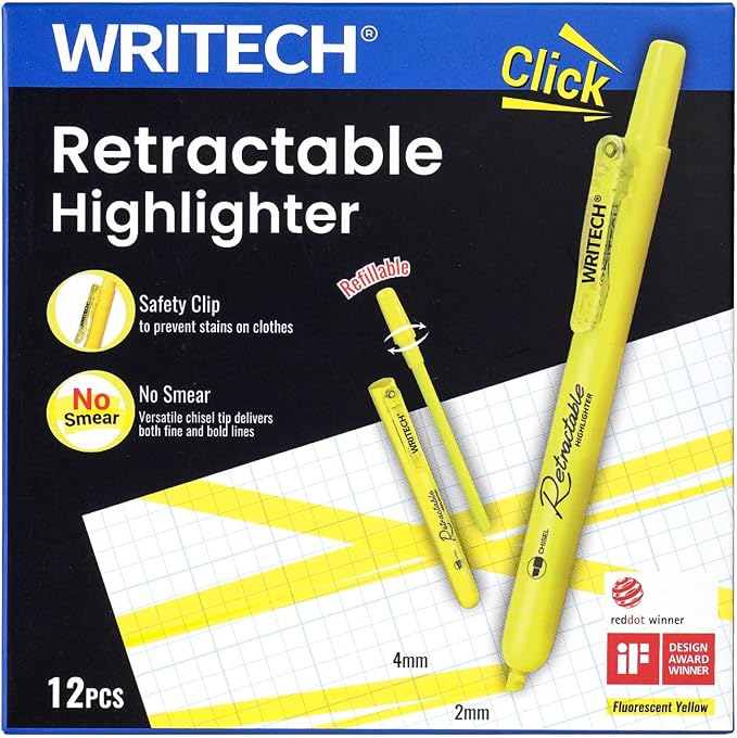 WRITECH Retractable Highlighters Chisel Tip: Fluorescent Yellow Ink Highlighter by WRITECH