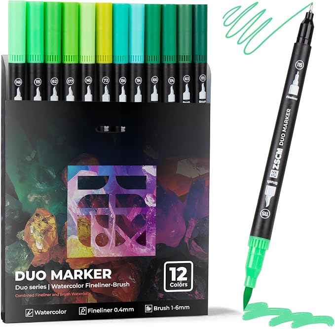 ZSCM Green Duo Tip Marker Pens, 12 Pack Fine & Brush Markers by ZSCM