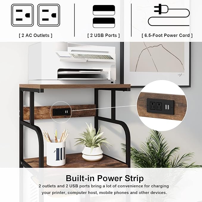 VEDECASA Large Printer Stand Cart with Charging Station USB Port 21.2"x15.7"x42.3" Tall 3-Tier Adjustable Shelf Storage Home Office Rolling Stand with Wheels-DeskLoop Office